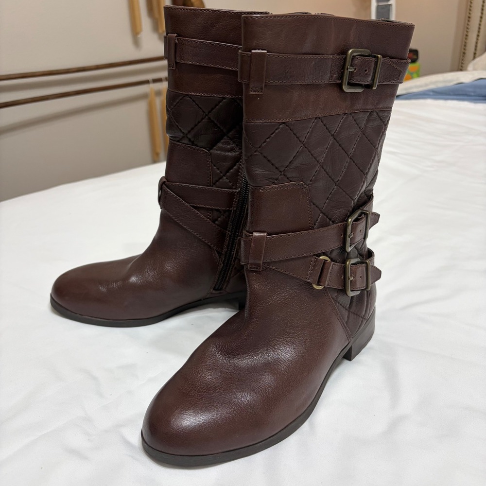Antonio Melani Brown Leather Quilted Buckle Mid Calf Boots Womens 8M